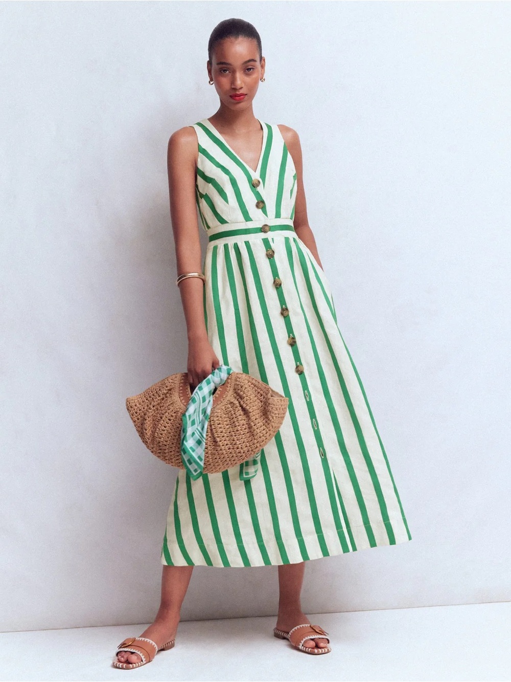 Boden Green & White Striped Button-Front Midi Dress - Picture 1 of 6
